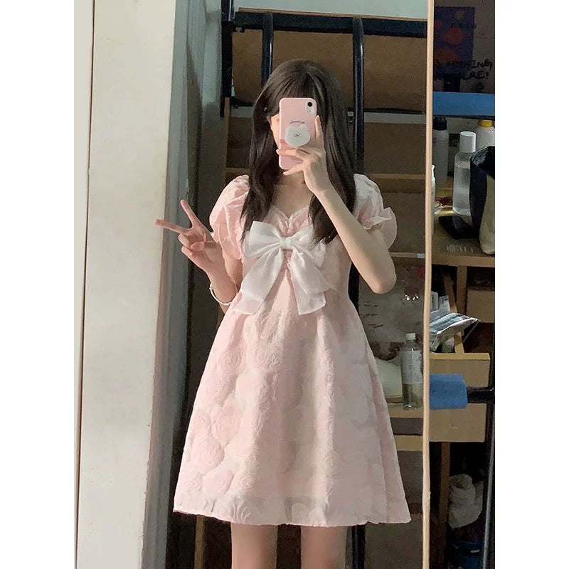 2024 new summer style sweet pink bow princess dress v-neck waist puff sleeve dress for women