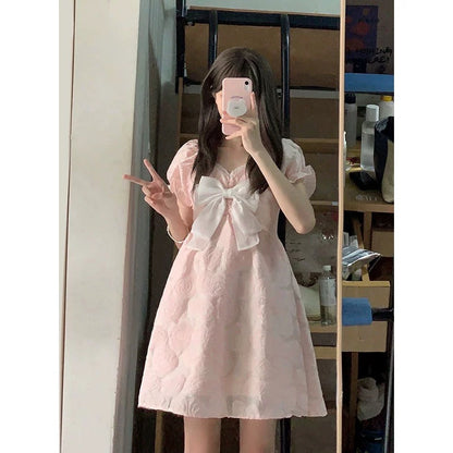 2024 new summer style sweet pink bow princess dress v-neck waist puff sleeve dress for women