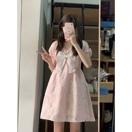 2024 new summer style sweet pink bow princess dress v-neck waist puff sleeve dress for women