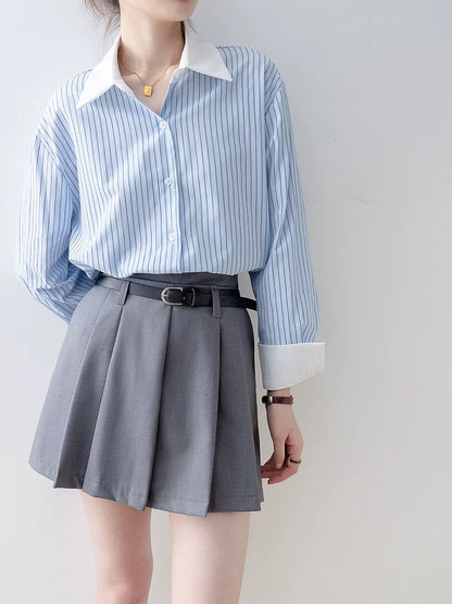 2024 early spring new top loose long-sleeved striped blue shirt French niche spring women's European shirt