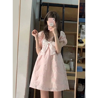 2024 new summer style sweet pink bow princess dress v-neck waist puff sleeve dress for women