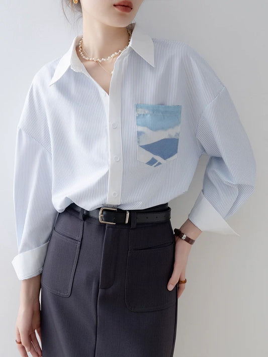 Autumn women's 2024 new top French blue striped polo collar long-sleeved shirt early spring design shirt