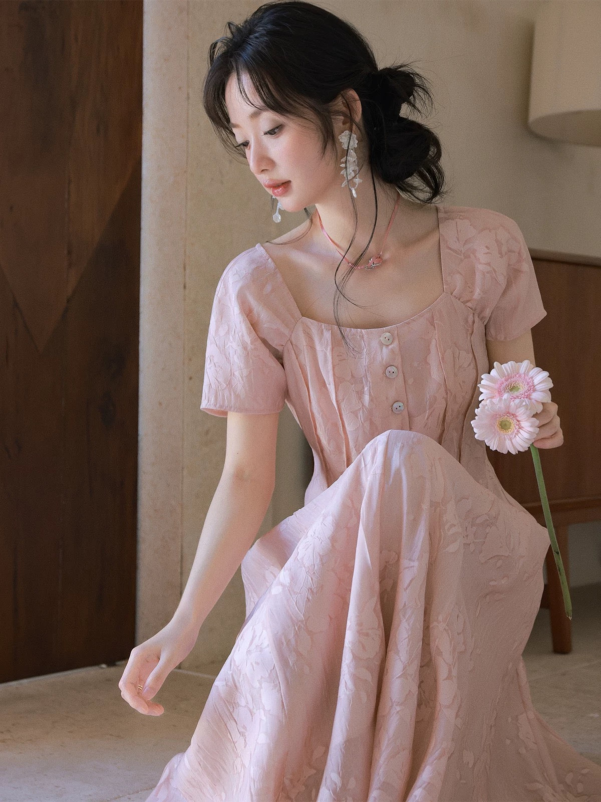 Miss Chipmunk Designer Dress Private Collection Square Neck Dress Summer Women's Artistic Everyday Long Dress