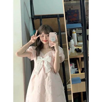 2024 new summer style sweet pink bow princess dress v-neck waist puff sleeve dress for women