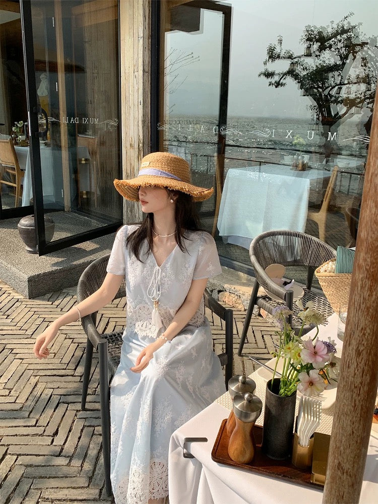 Miss Chipmunk's Springtime Reverie: Niche French Embroidered V-Neck Tassel Top with Hollowed-Out Lace Trim Skirt