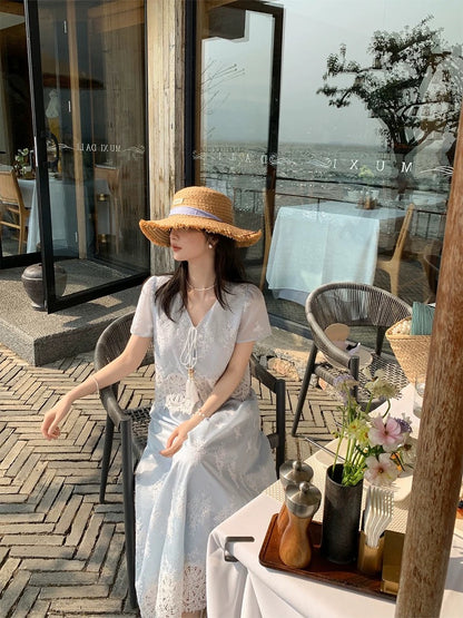 Miss Chipmunk's Springtime Reverie: Niche French Embroidered V-Neck Tassel Top with Hollowed-Out Lace Trim Skirt