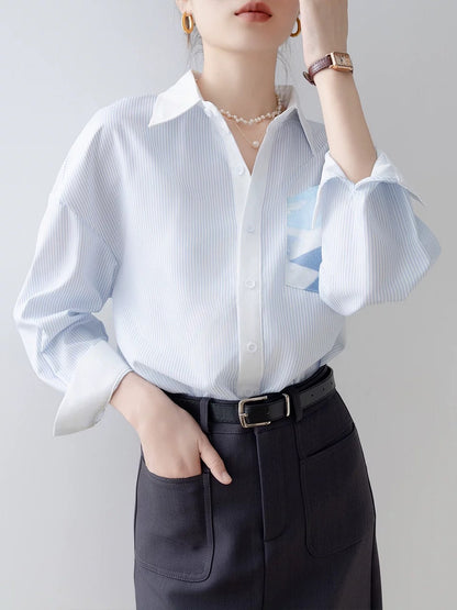 Autumn women's 2024 new top French blue striped polo collar long-sleeved shirt early spring design shirt
