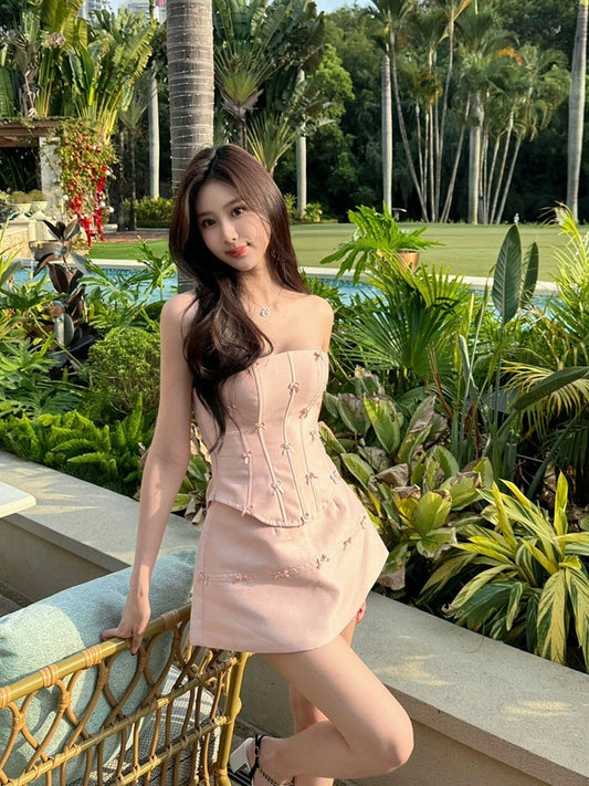 Gardenia sweet age-reducing pink bow tube top women's fashionable high-waisted skirt two-piece set