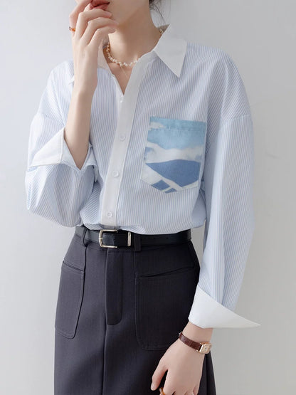 Autumn women's 2024 new top French blue striped polo collar long-sleeved shirt early spring design shirt