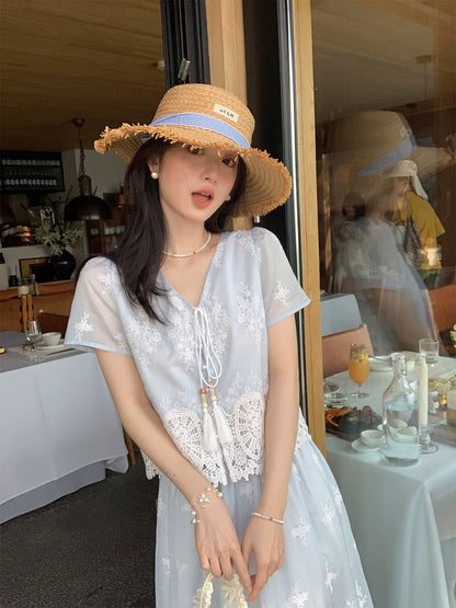 Miss Chipmunk's Springtime Reverie: Niche French Embroidered V-Neck Tassel Top with Hollowed-Out Lace Trim Skirt