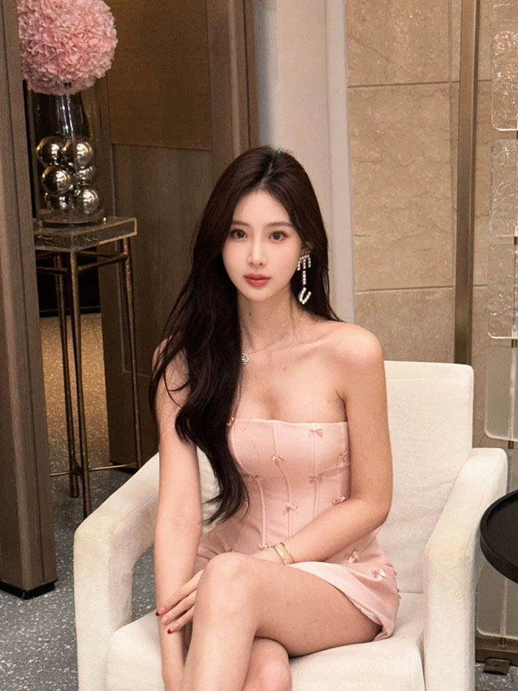 Gardenia sweet age-reducing pink bow tube top women's fashionable high-waisted skirt two-piece set