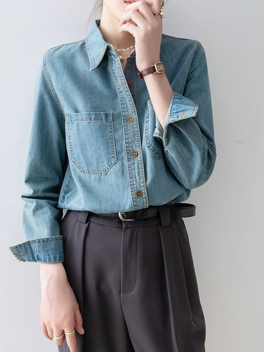 Women's 2024 new spring blue retro denim shirt French niche loose shirt layered long-sleeved top