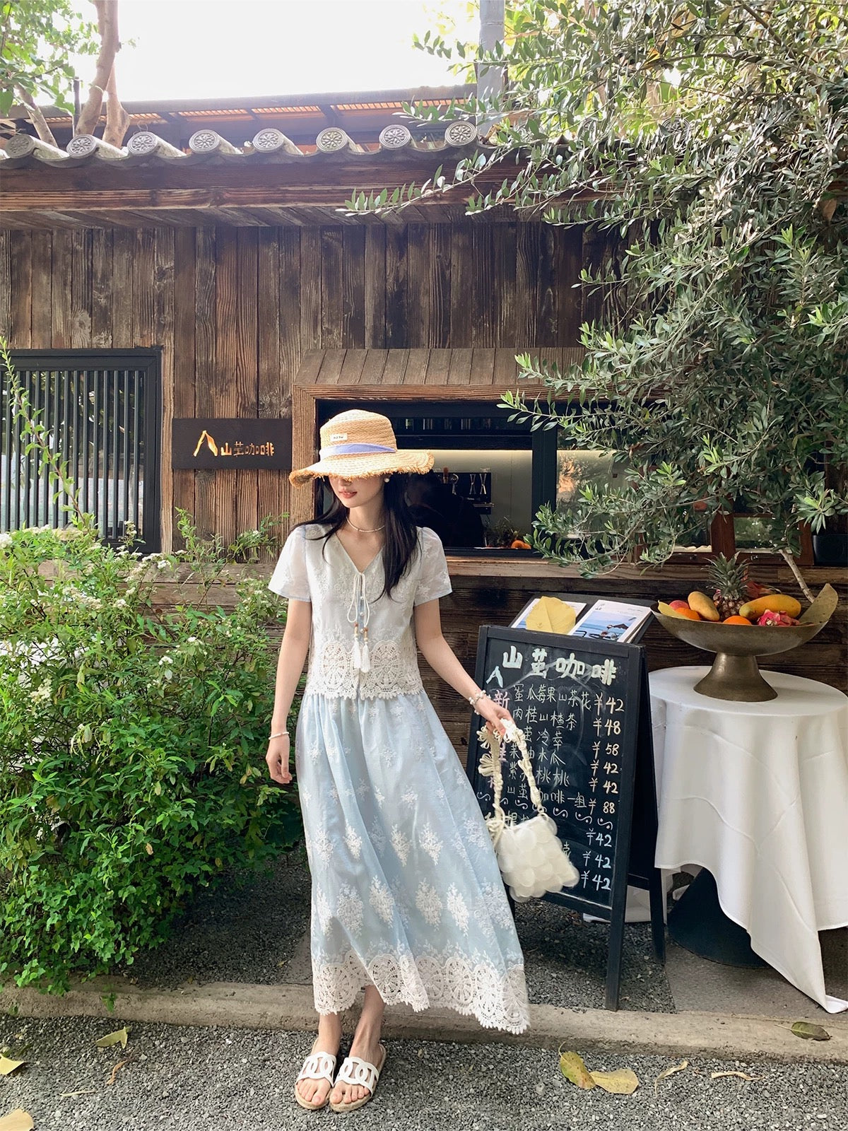 Miss Chipmunk's Springtime Reverie: Niche French Embroidered V-Neck Tassel Top with Hollowed-Out Lace Trim Skirt