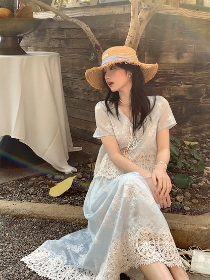 Miss Chipmunk's Springtime Reverie: Niche French Embroidered V-Neck Tassel Top with Hollowed-Out Lace Trim Skirt