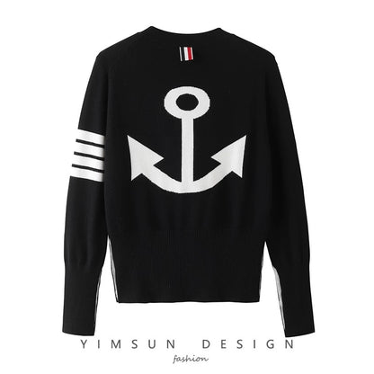 Early autumn new style t anchor knitted cardigan V-neck classic four-stripe three-color webbing navy style same style for men and women