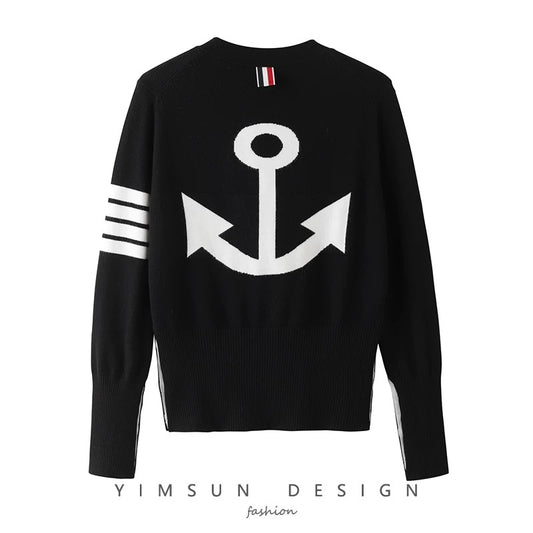 Early autumn new style t anchor knitted cardigan V-neck classic four-stripe three-color webbing navy style same style for men and women