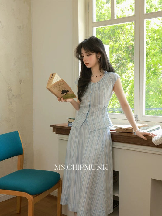 Miss Chipmunk Brown's Striped Short Top/Long Skirt for Summer, Simple and Relaxed Style