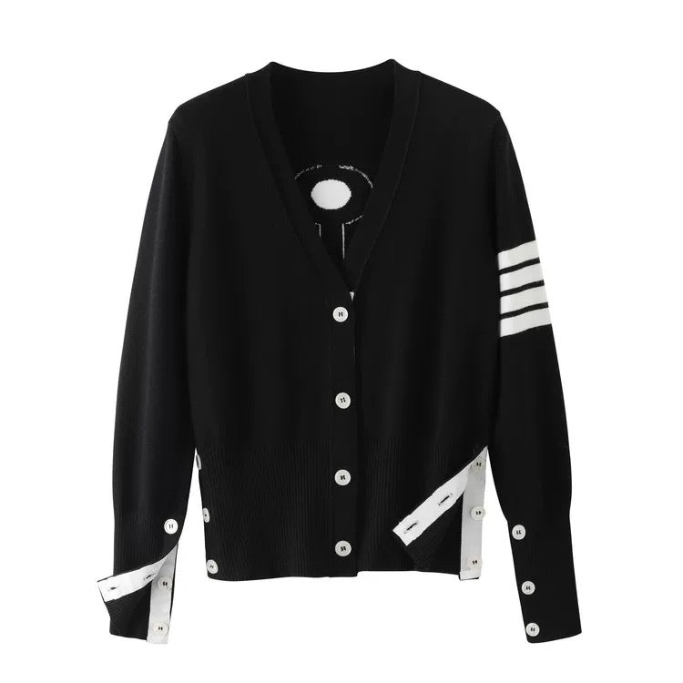 Early autumn new style t anchor knitted cardigan V-neck classic four-stripe three-color webbing navy style same style for men and women
