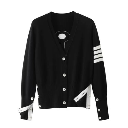 Early autumn new style t anchor knitted cardigan V-neck classic four-stripe three-color webbing navy style same style for men and women