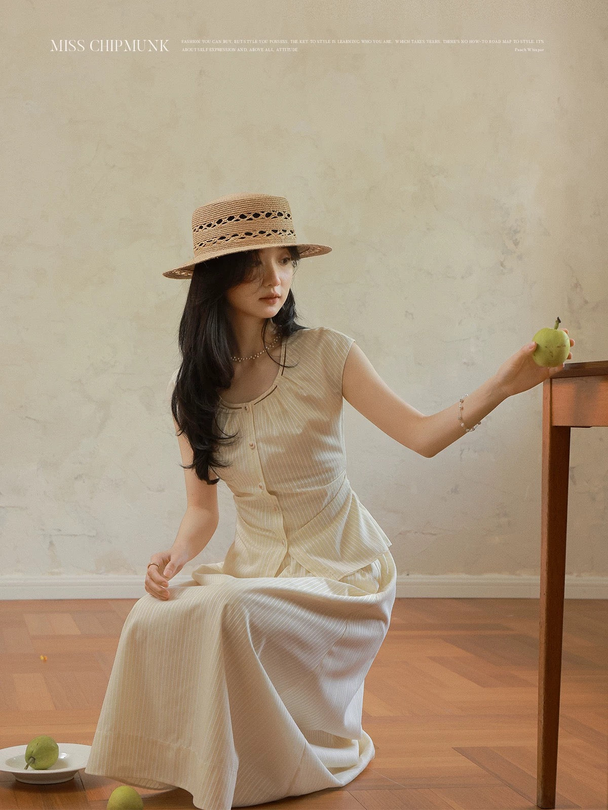 Miss Chipmunk Brown's Striped Short Top/Long Skirt for Summer, Simple and Relaxed Style