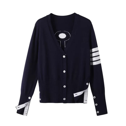 Early autumn new style t anchor knitted cardigan V-neck classic four-stripe three-color webbing navy style same style for men and women