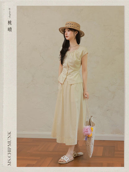 Miss Chipmunk Brown's Striped Short Top/Long Skirt for Summer, Simple and Relaxed Style