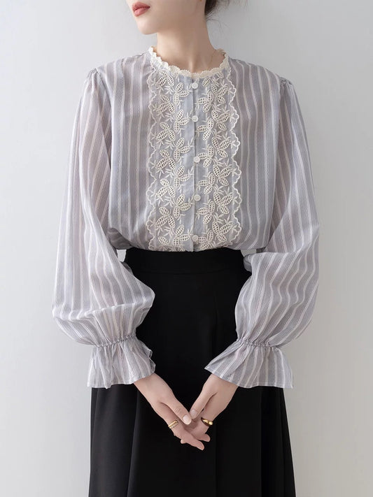 French retro striped shirt for women 2024 early autumn new high-end shirt loose pullover round neck long-sleeved top