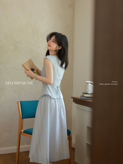 Miss Chipmunk Brown's Striped Short Top/Long Skirt for Summer, Simple and Relaxed Style