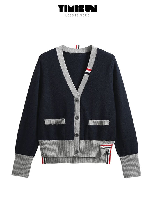 Yimi Guang's new autumn style ribbon color-blocking pocket knitted cardigan for women with v-neck slimming and high-end casual sweater outer