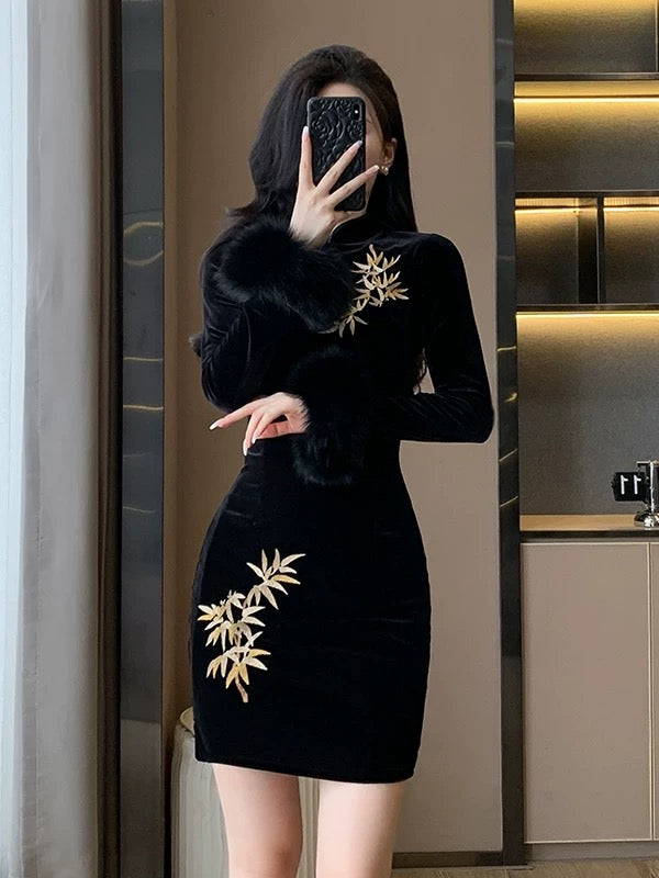 New autumn/winter style black embroidered cheongsam short dress with a modern Chinese design, exuding a sophisticated Republic of China style long-sleeved velvet dress.