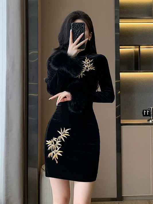 New autumn/winter style black embroidered cheongsam short dress with a modern Chinese design, exuding a sophisticated Republic of China style long-sleeved velvet dress.