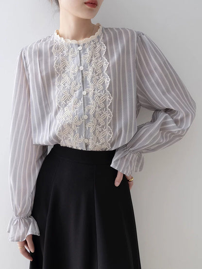 French retro striped shirt for women 2024 early autumn new high-end shirt loose pullover round neck long-sleeved top