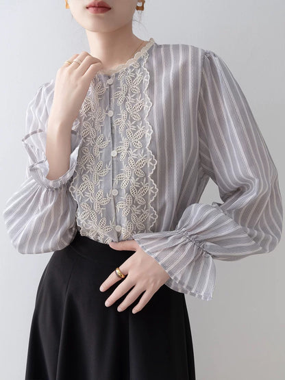 French retro striped shirt for women 2024 early autumn new high-end shirt loose pullover round neck long-sleeved top