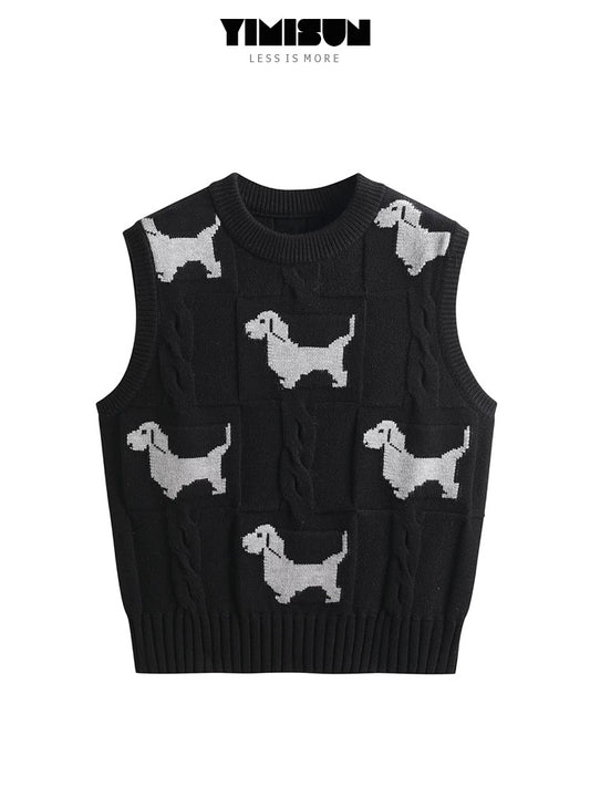 YIMISUN autumn and winter new heavy industry puppy jacquard embroidered round neck sleeveless sweater layered design vest
