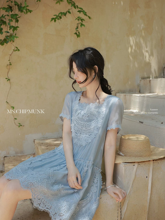 Miss Chipmunk, Sea Salt Monsoon - High-End, Refreshing Summer French Lace-Trimmed Embroidered Appliqué Long Dress