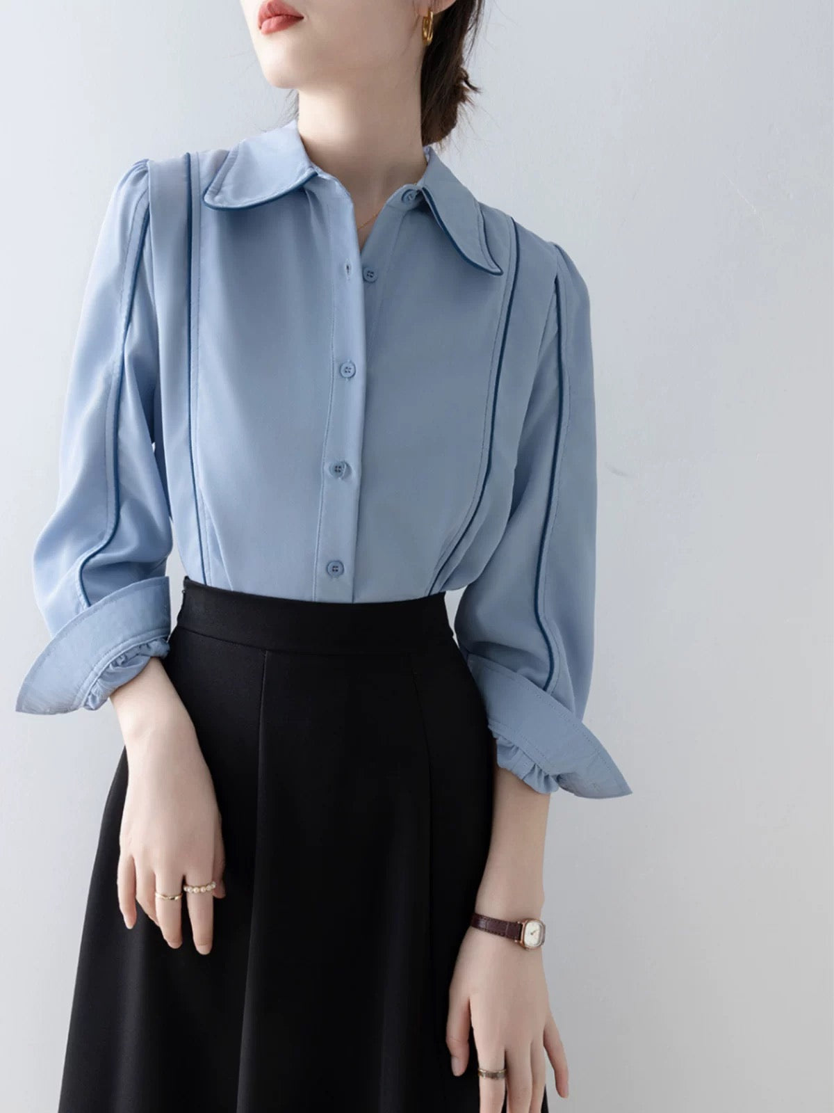 Early autumn new women's blue women's shirt commuting professional shirt 2023 French design long-sleeved top
