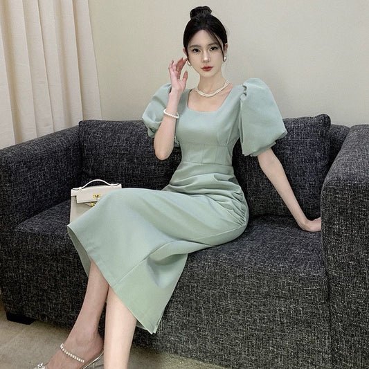Women's 2024 new summer style temperament fashionable design puff sleeves square neck waist pleated mid-length dress