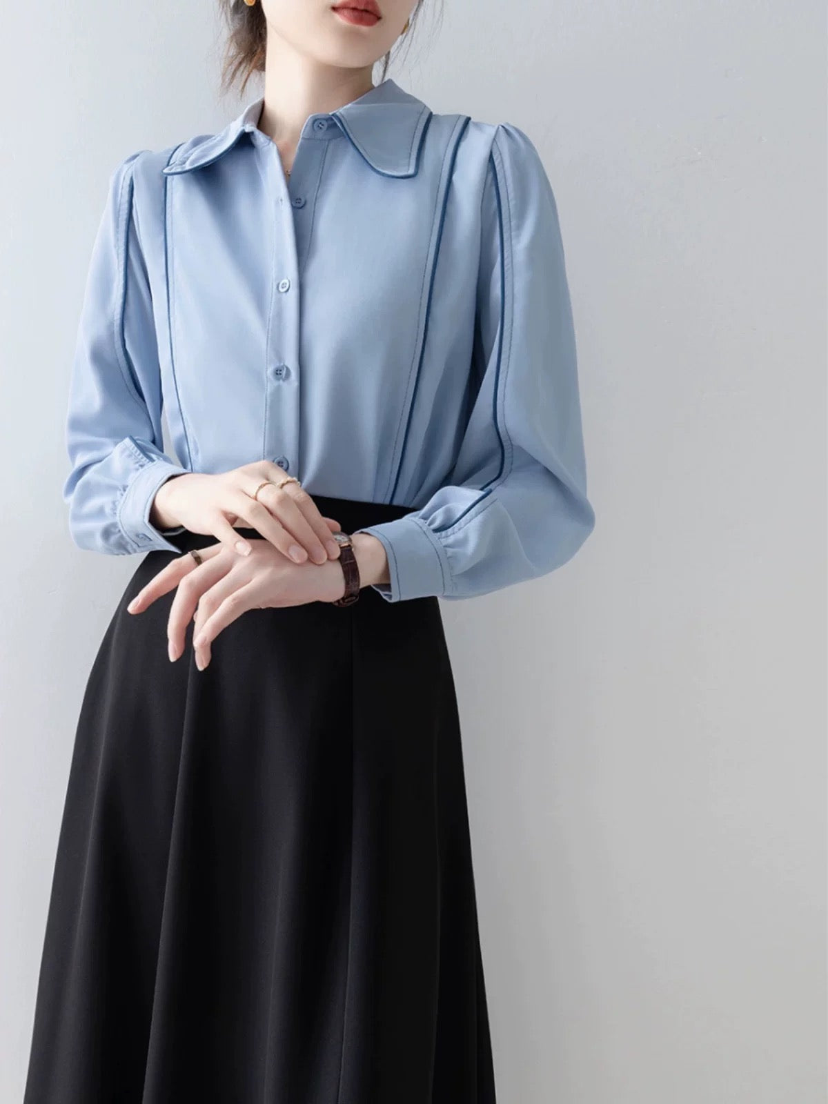 Early autumn new women's blue women's shirt commuting professional shirt 2023 French design long-sleeved top