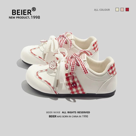 BEIER color matching women's shoes design embroidery apple German training shoes 2025 new low-top soft sole casual white shoes