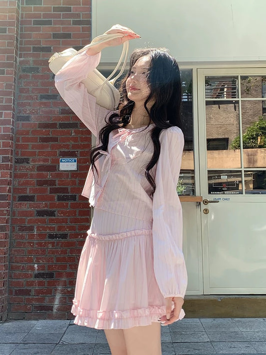 Find the youthful and age-defying pink bow-tie women's spring 2026 new Korean style shirt and skirt two-piece set