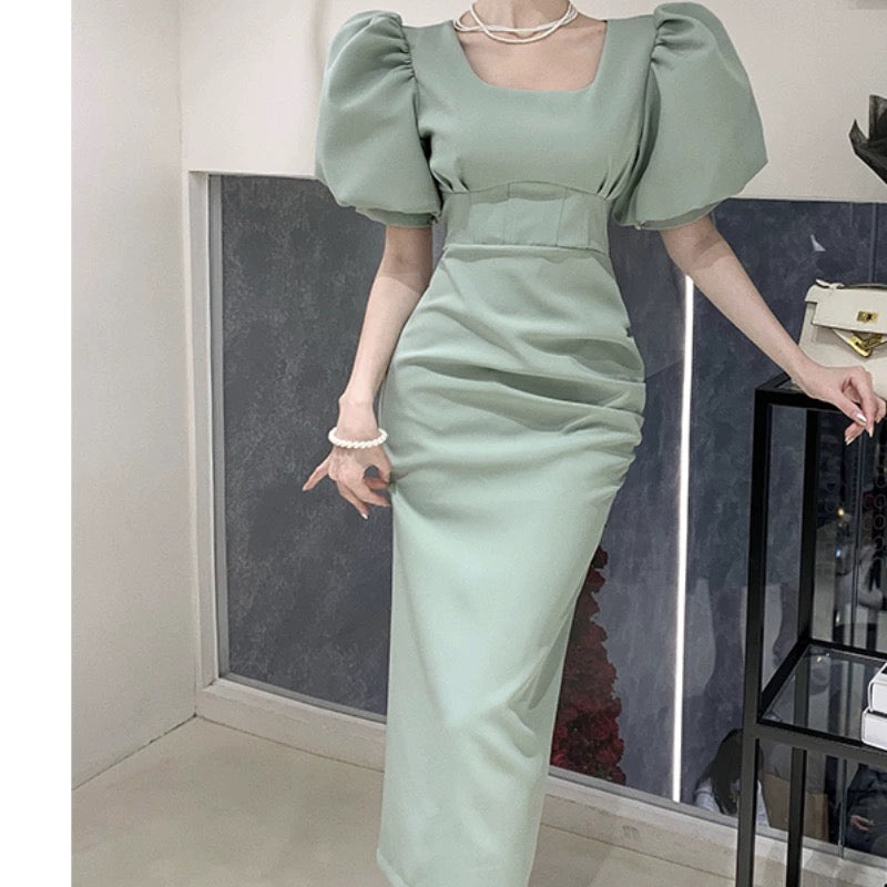 Women's 2024 new summer style temperament fashionable design puff sleeves square neck waist pleated mid-length dress