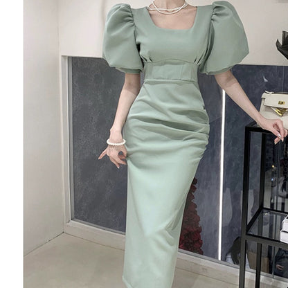 Women's 2024 new summer style temperament fashionable design puff sleeves square neck waist pleated mid-length dress
