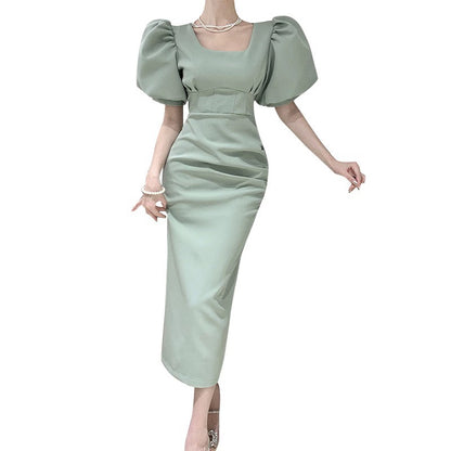 Women's 2024 new summer style temperament fashionable design puff sleeves square neck waist pleated mid-length dress