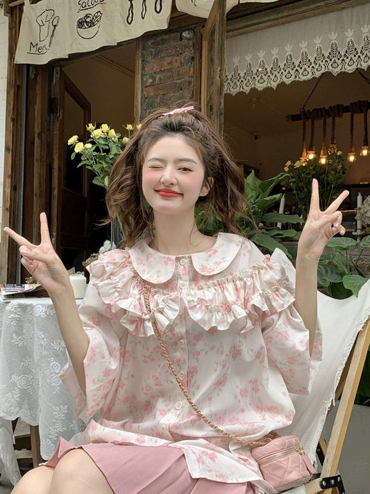 Plus size women's clothing for fat mm summer sweet heavy industry ruffled doll collar puff sleeves pink floral short-sleeved shirt for women