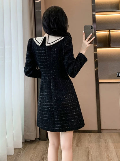2025 Spring/Autumn New Arrival: Elegant Black Dress with Peter Pan Collar, French Chic Style, High-End Temperament Skirt