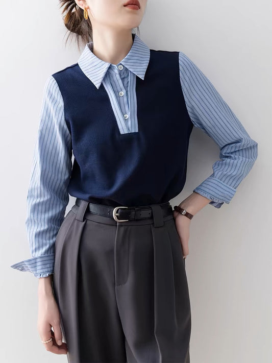 Fake two-piece shirt for women autumn and winter new blue striped patchwork shirt 2024 spring women's top French shirt