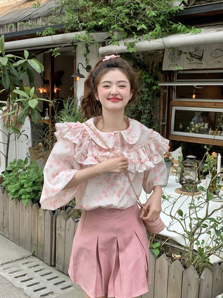 Plus size women's clothing for fat mm summer sweet heavy industry ruffled doll collar puff sleeves pink floral short-sleeved shirt for women