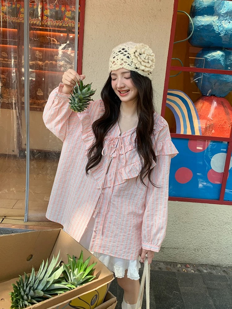 Find the perfect pink ruffled tie-waist long-sleeved shirt for women, a new spring style for 2026, featuring a relaxed, loose French-inspired look.