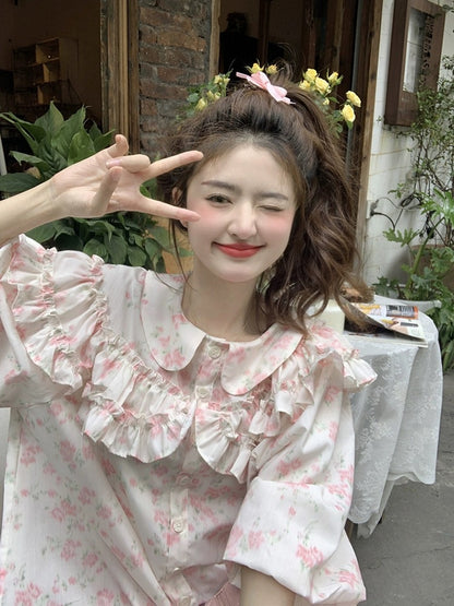 Plus size women's clothing for fat mm summer sweet heavy industry ruffled doll collar puff sleeves pink floral short-sleeved shirt for women