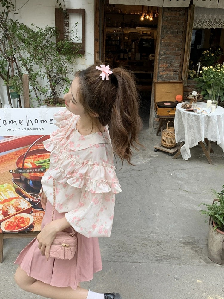 Plus size women's clothing for fat mm summer sweet heavy industry ruffled doll collar puff sleeves pink floral short-sleeved shirt for women